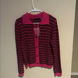 Tahari NWOT Cropped Knit Cardigan Pink & Black Collared Button Front